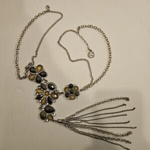 Express EL Silver Tone Floral Statement Necklace Gray & Amber Stones with Tassel